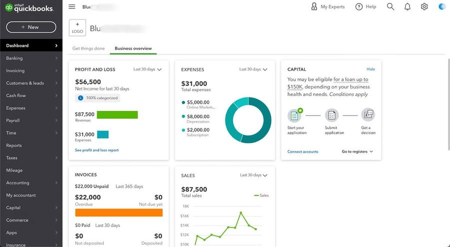 QuickBooks screenshot: $87.5K revenue