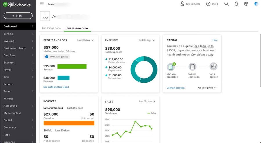 QuickBooks screenshot: $95K revenue